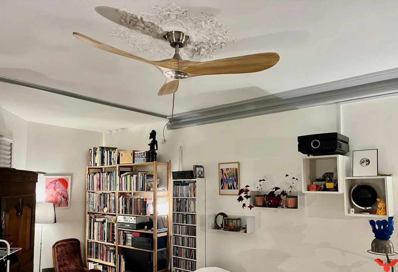 un ventilateur de plafond aux pales en bois dans un salon