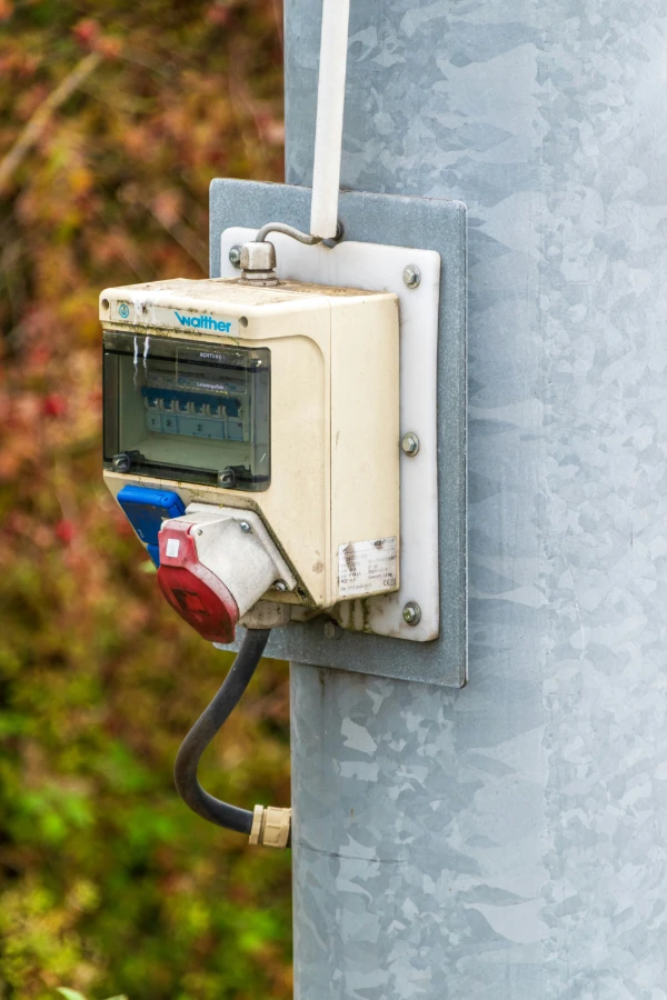 Un petit tableau électrique extérieur avec des prises accessibles